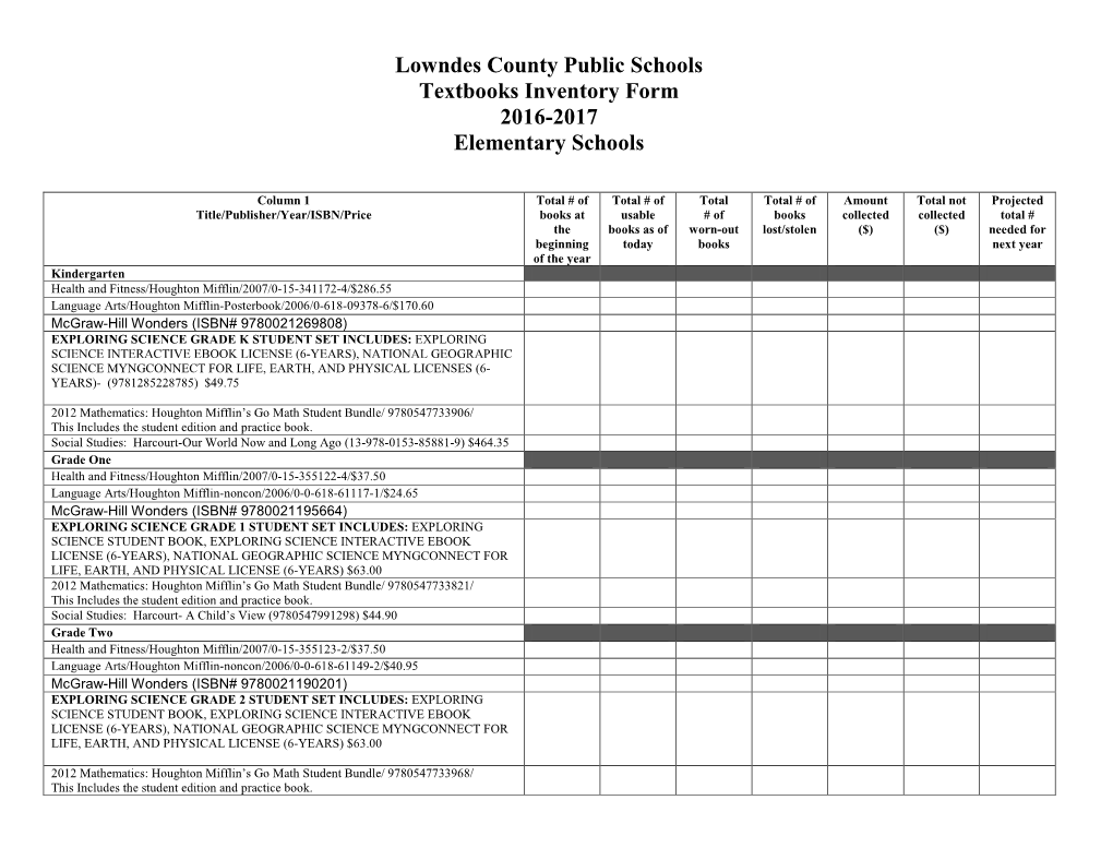 Lowndes County Public Schools Textbooks Inventory Form 2016-2017 Elementary Schools