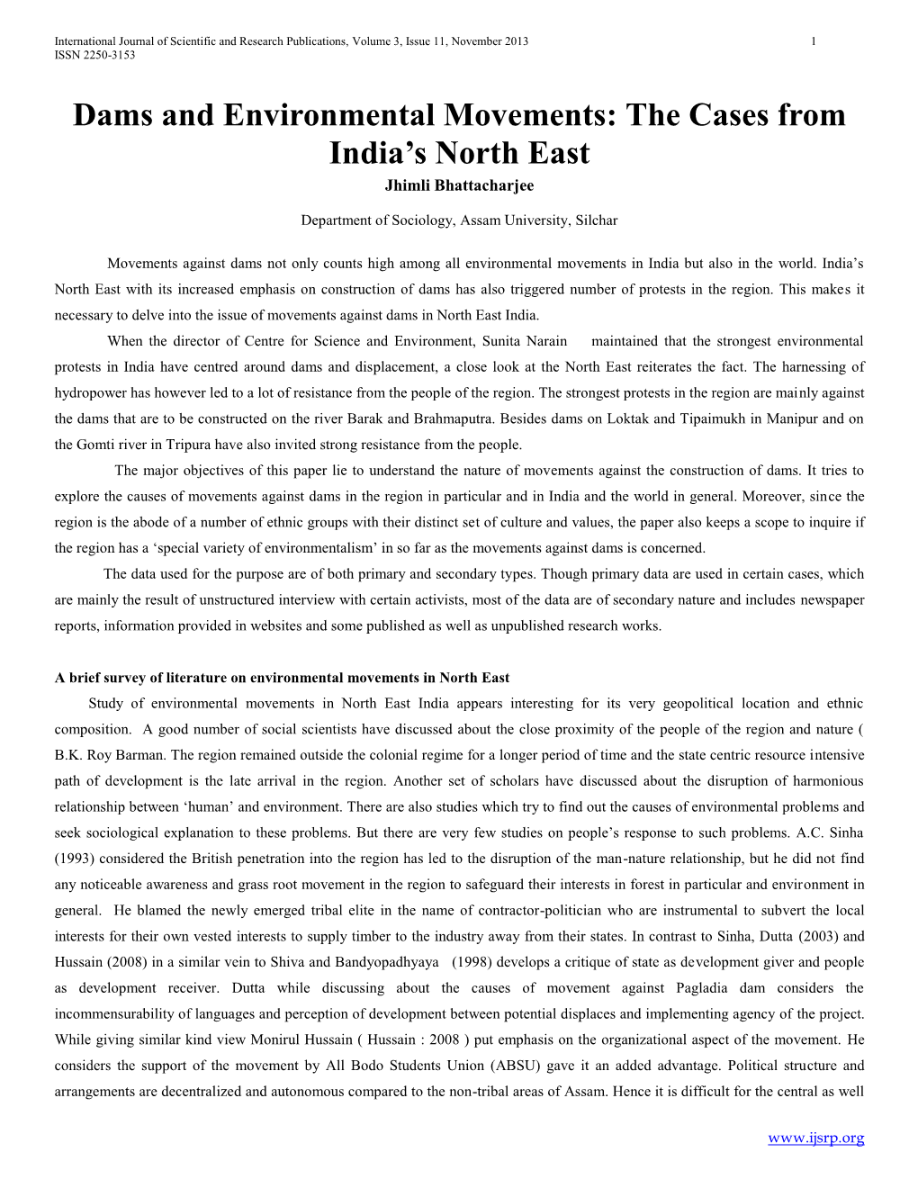 Dams and Environmental Movements: the Cases from India’S North East Jhimli Bhattacharjee