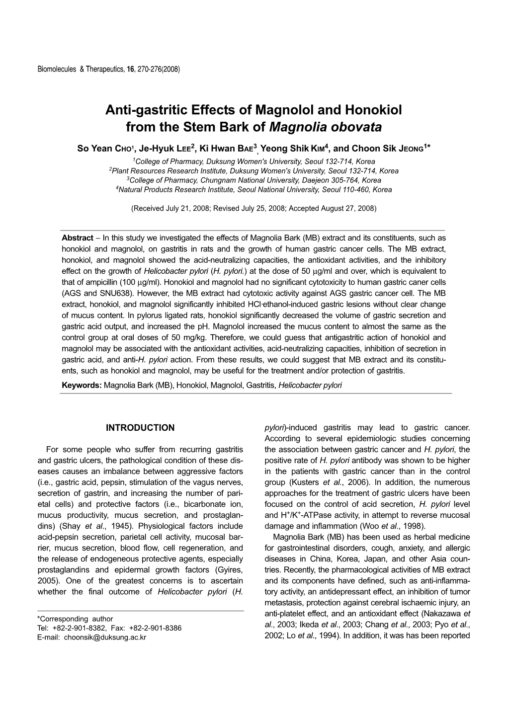 Anti-Gastritic Effects of Magnolol and Honokiol from the Stem Bark of Magnolia Obovata