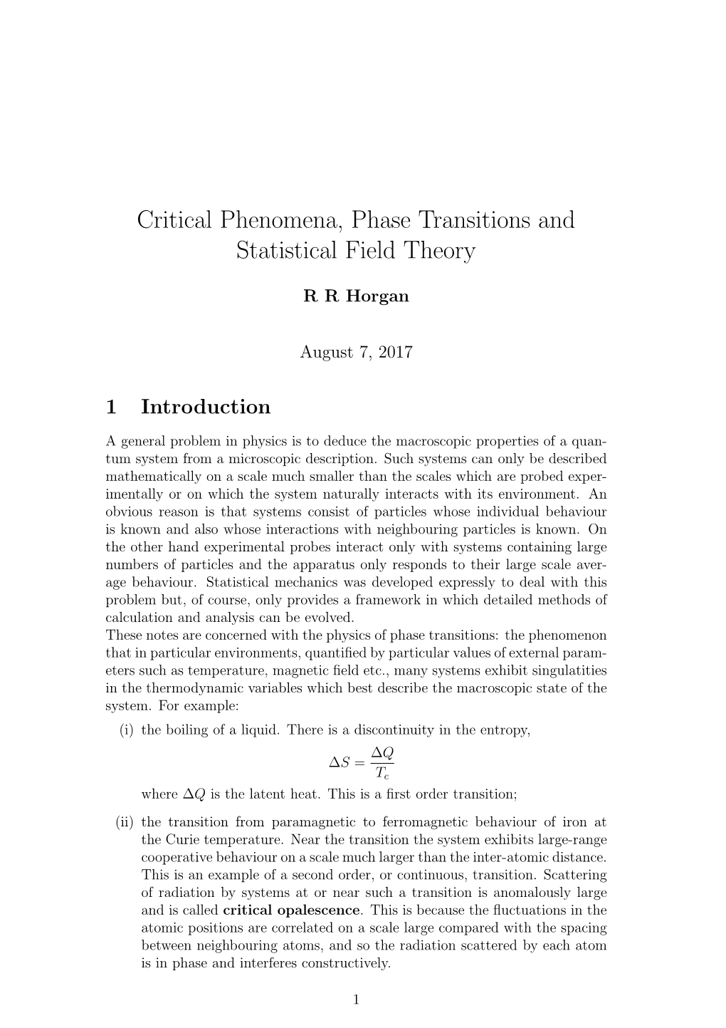 Critical Phenomena, Phase Transitions and Statistical Field Theory