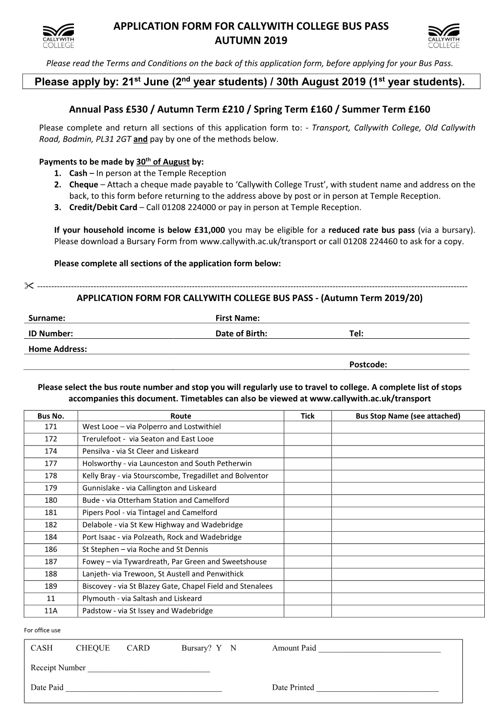 Application Form for Callywith College Bus Pass Autumn 2019