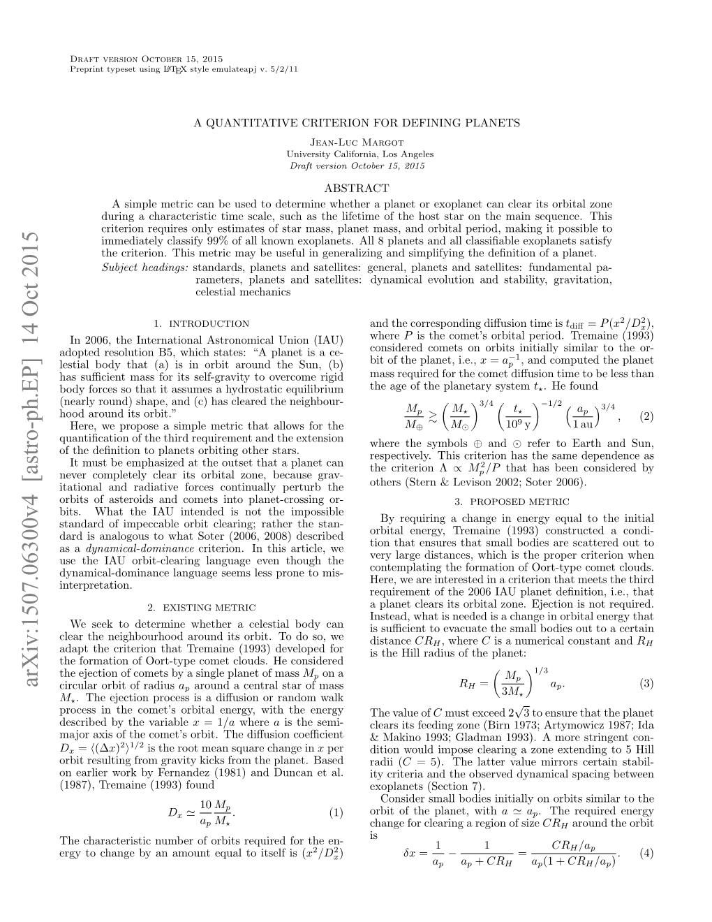 Arxiv:1507.06300V4 [Astro-Ph.EP] 14 Oct 2015 Circular Orbit of Radius Ap Around a Central Star of Mass RH = Ap