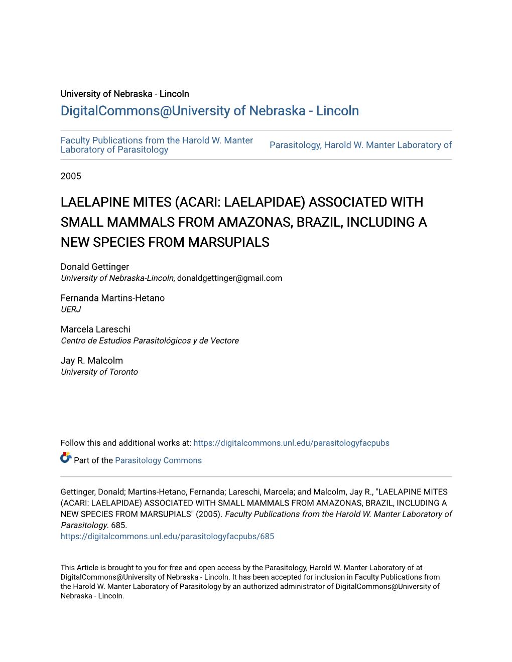 Laelapine Mites (Acari: Laelapidae) Associated with Small Mammals from Amazonas, Brazil, Including a New Species from Marsupials