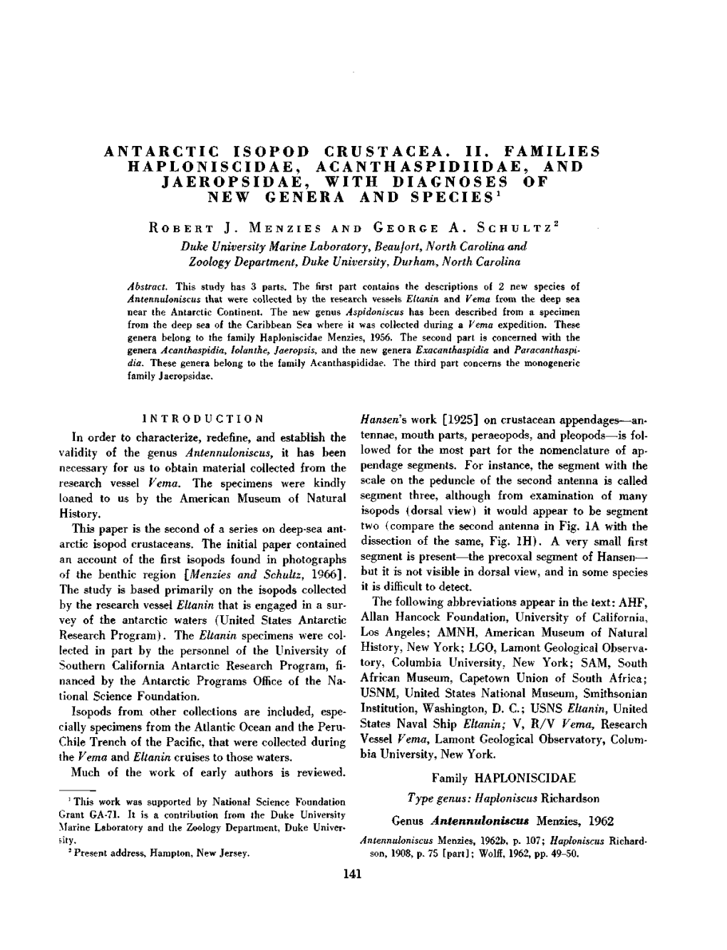 Antarctic Isopod Crustacea. Ii. Families Haploniscidae, Ac Anth Aspidiid Ae, and Jaeropsidae, with Diagnoses of New Genera and Species1