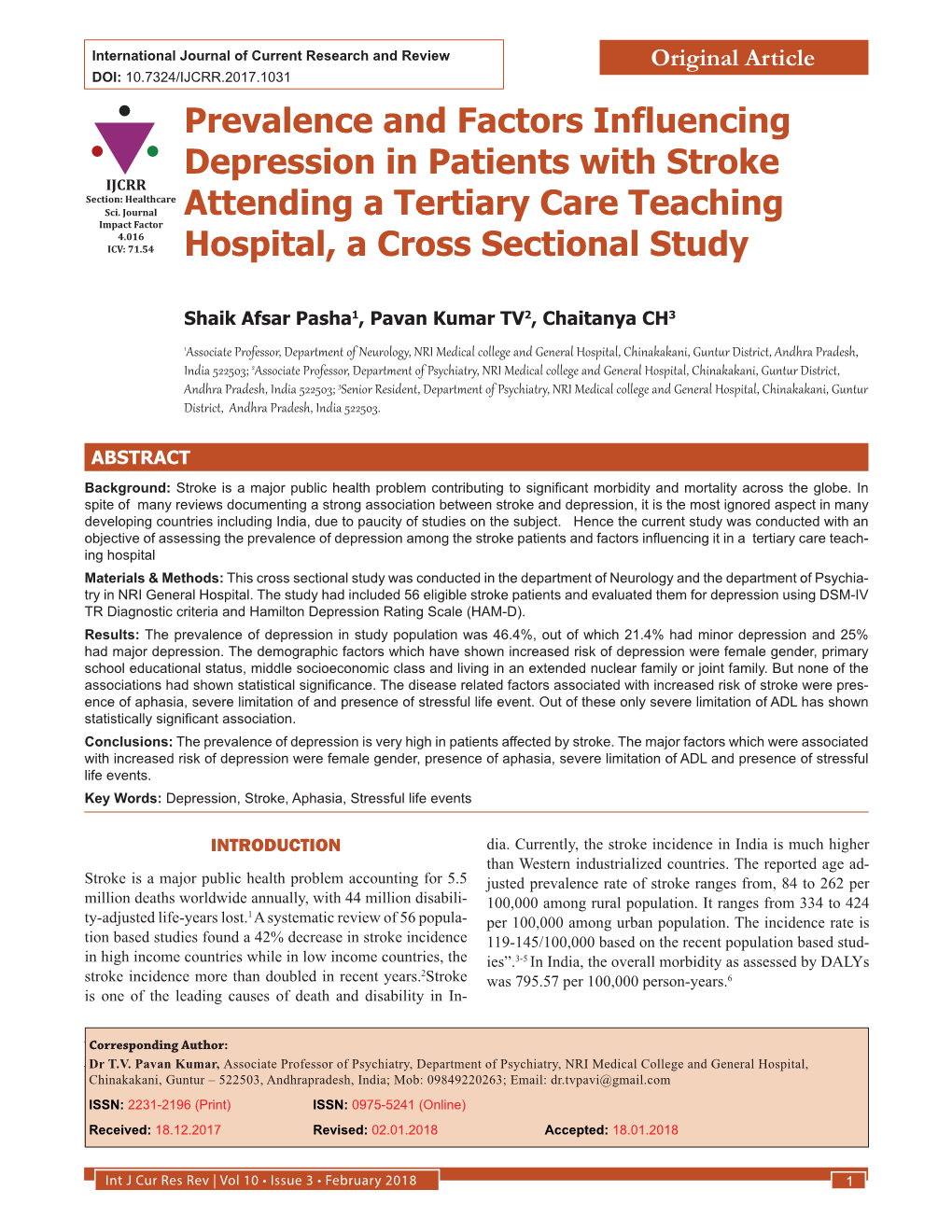 Prevalence and Factors Influencing Depression in Patients with Stroke IJCRR Section: Healthcare Sci