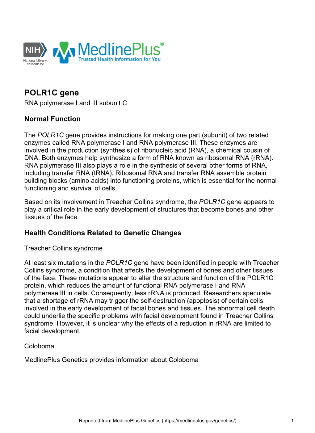 POLR1C Gene RNA Polymerase I and III Subunit C