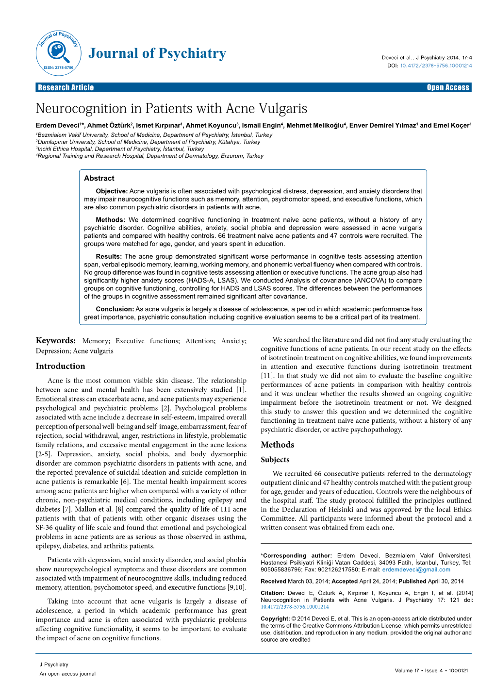 Neurocognition in Patients with Acne Vulgaris