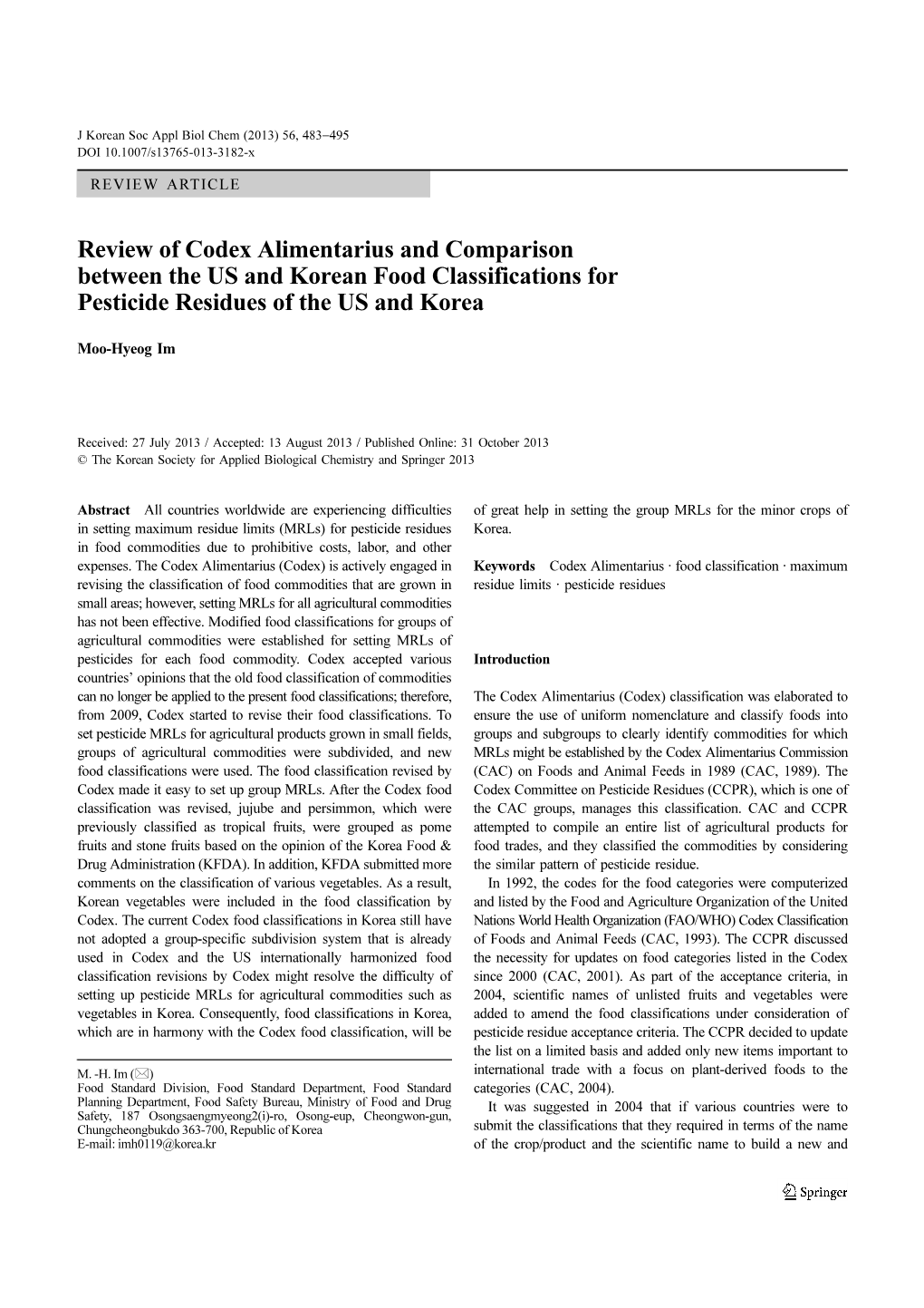 Review of Codex Alimentarius and Comparison Between the US and Korean Food Classifications for Pesticide Residues of the US and Korea