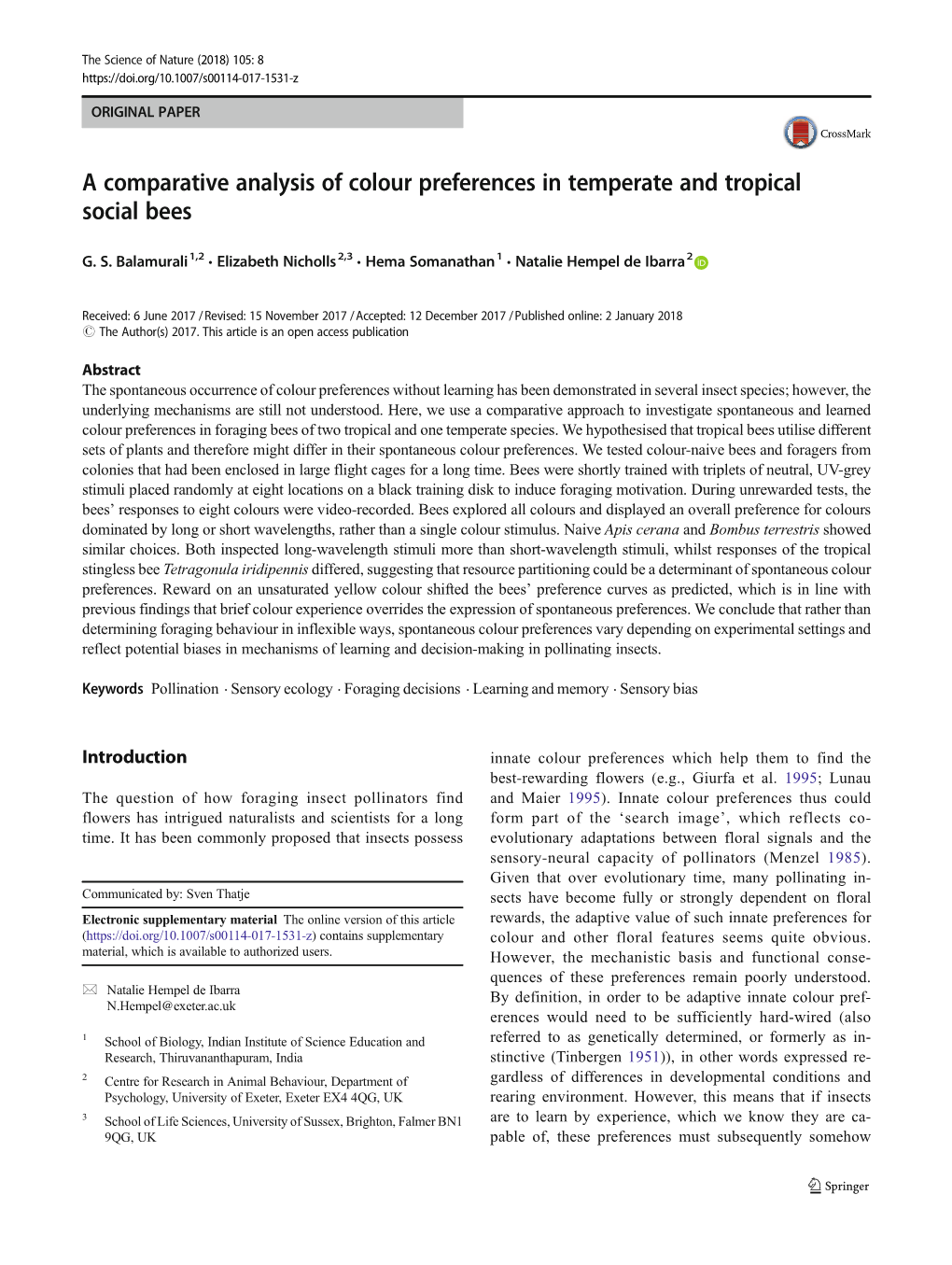 A Comparative Analysis of Colour Preferences in Temperate and Tropical Social Bees