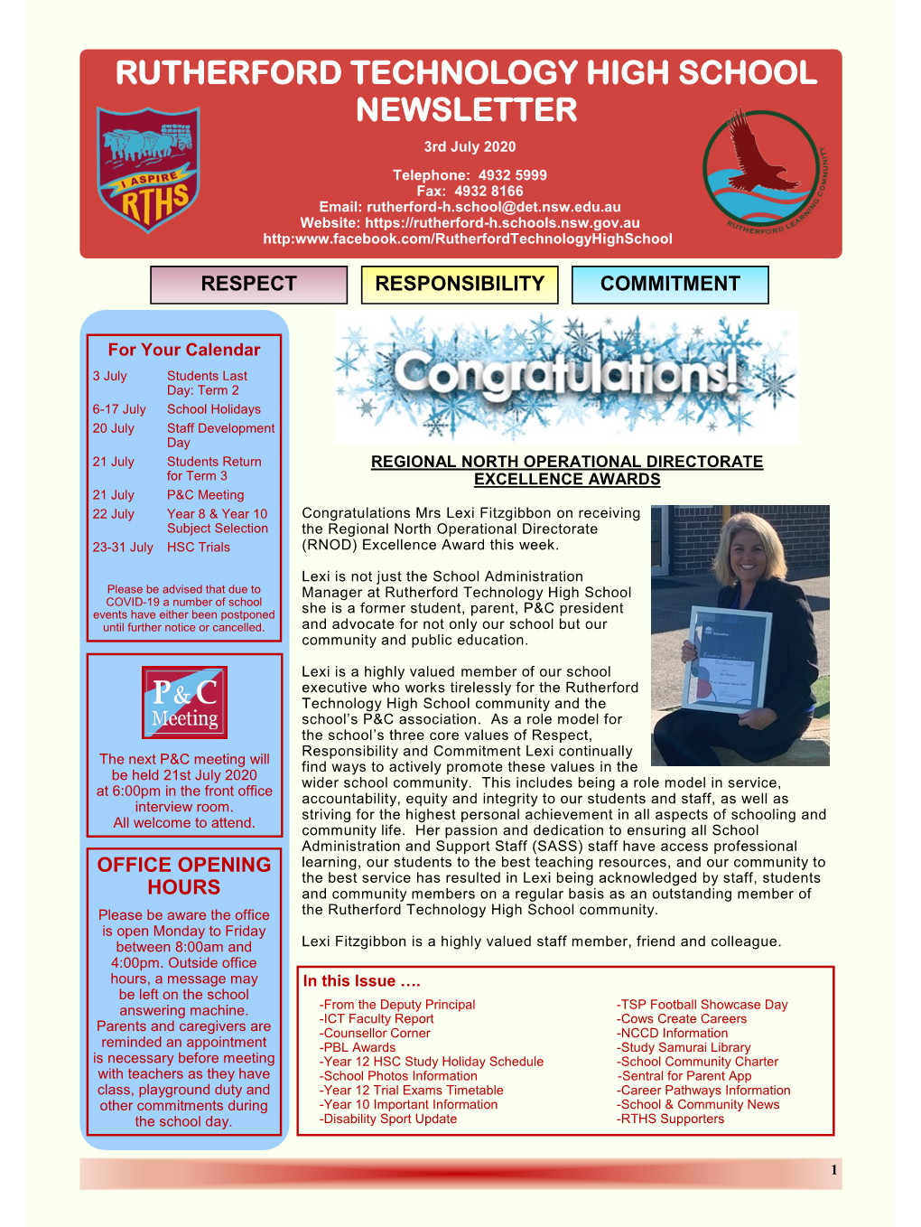 RUTHERFORD TECHNOLOGY HIGH SCHOOL NEWSLETTER 3Rd July 2020