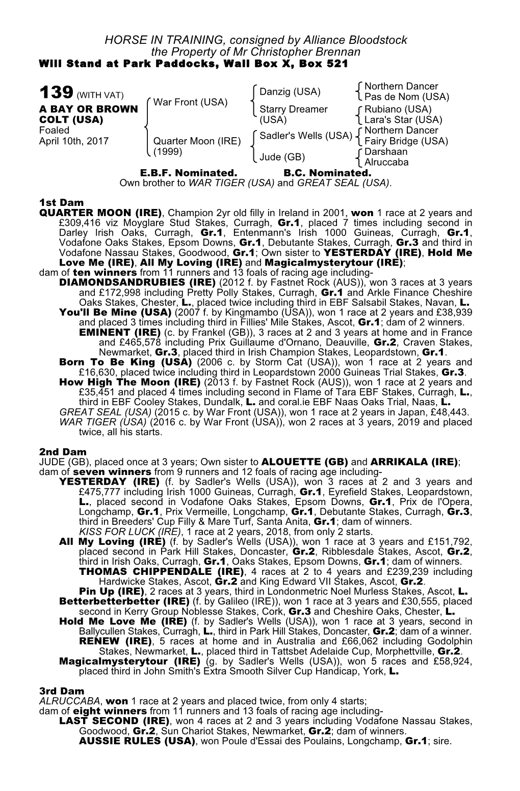 HORSE in TRAINING, Consigned by Alliance Bloodstock the Property of Mr Christopher Brennan Will Stand at Park Paddocks, Wall Box X, Box 521