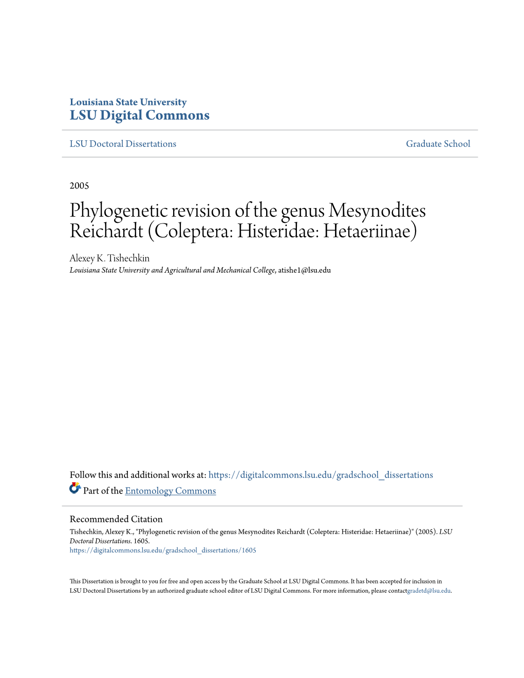 Phylogenetic Revision of the Genus Mesynodites Reichardt (Coleptera: Histeridae: Hetaeriinae) Alexey K