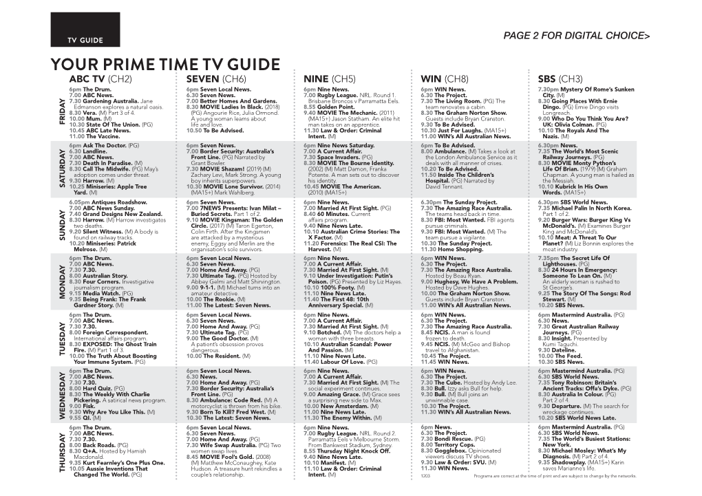 Your Prime Time Tv Guide ABC TV (Ch2) SEVEN (Ch6) NINE (Ch5) WIN (Ch8) SBS (Ch3) 6Pm the Drum