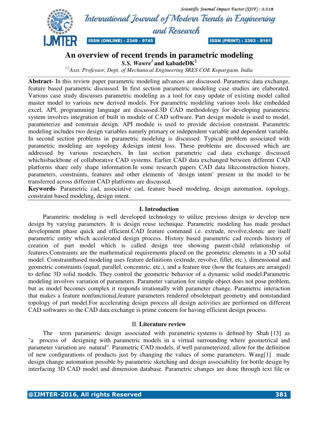 An Overview of Recent Trends in Parametric Modeling S.S