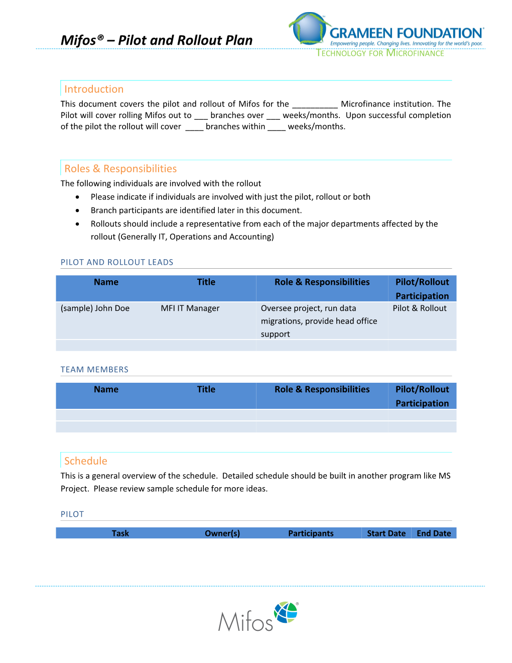 Mifos Pilot and Rollout Plan