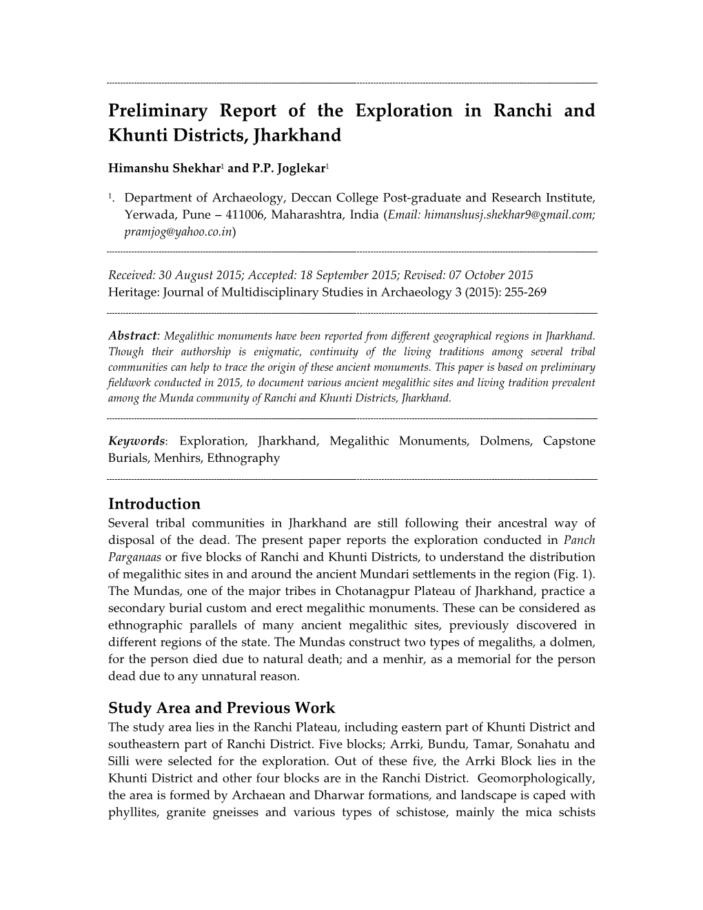 Preliminary Report of the Exploration in Ranchi and Khunti Districts, Jharkhand