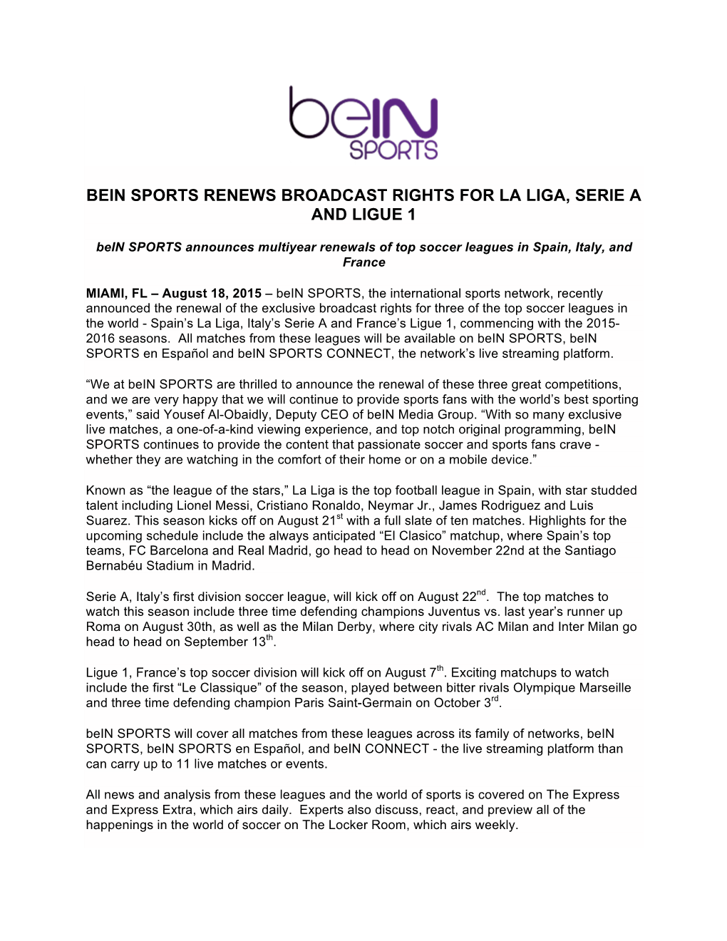 Bein SPORTS Renewal Release