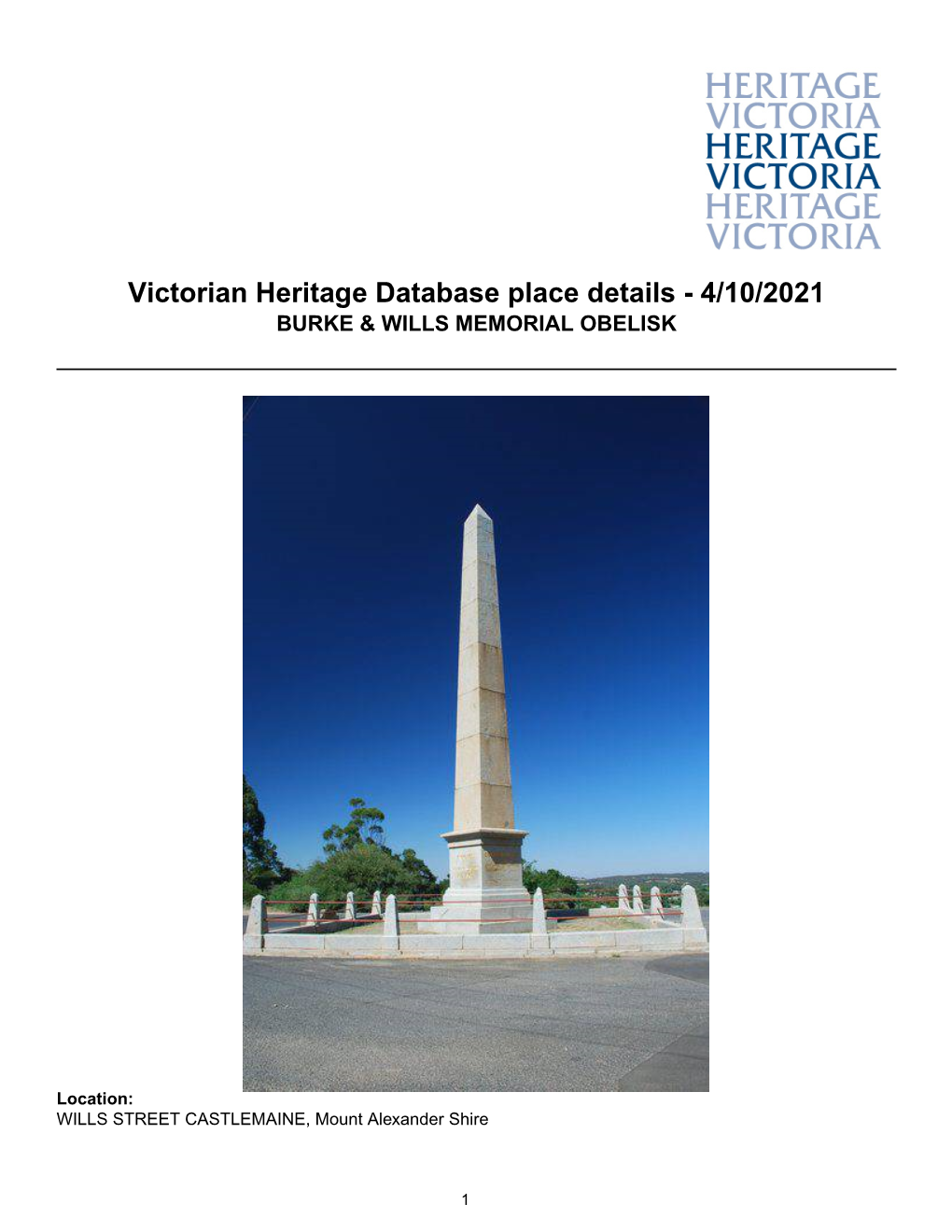 Victorian Heritage Database Place Details - 4/10/2021 BURKE & WILLS MEMORIAL OBELISK