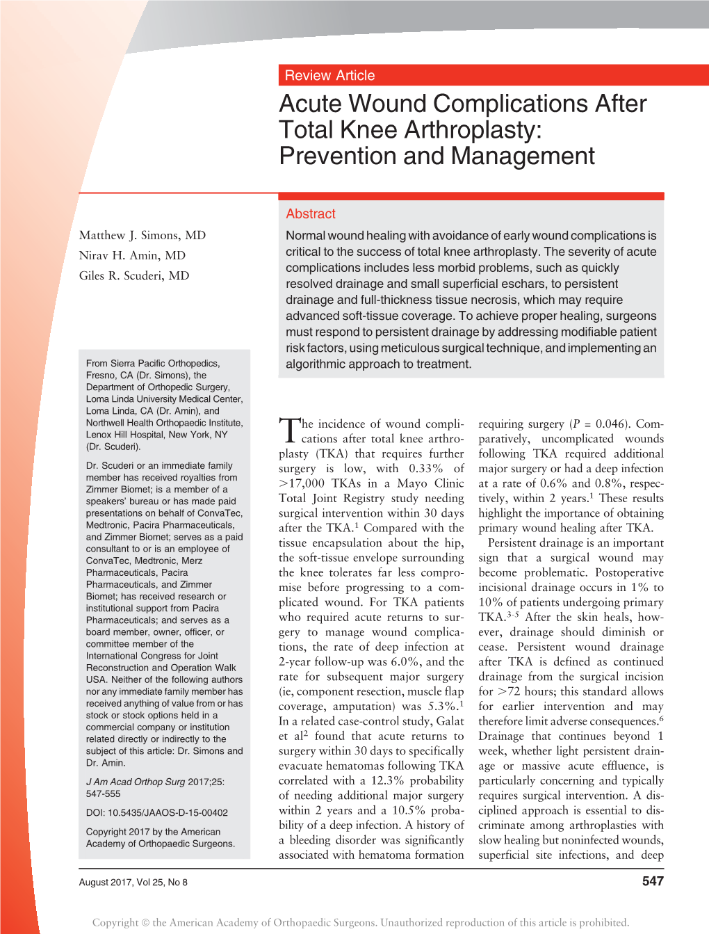 Acute Wound Complications After Total Knee Arthroplasty: Prevention and Management