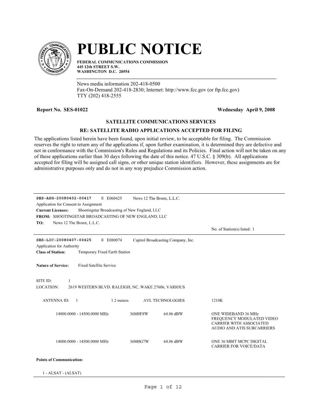 PUBLIC NOTICE FEDERAL COMMUNICATIONS COMMISSION 445 12Th STREET S.W