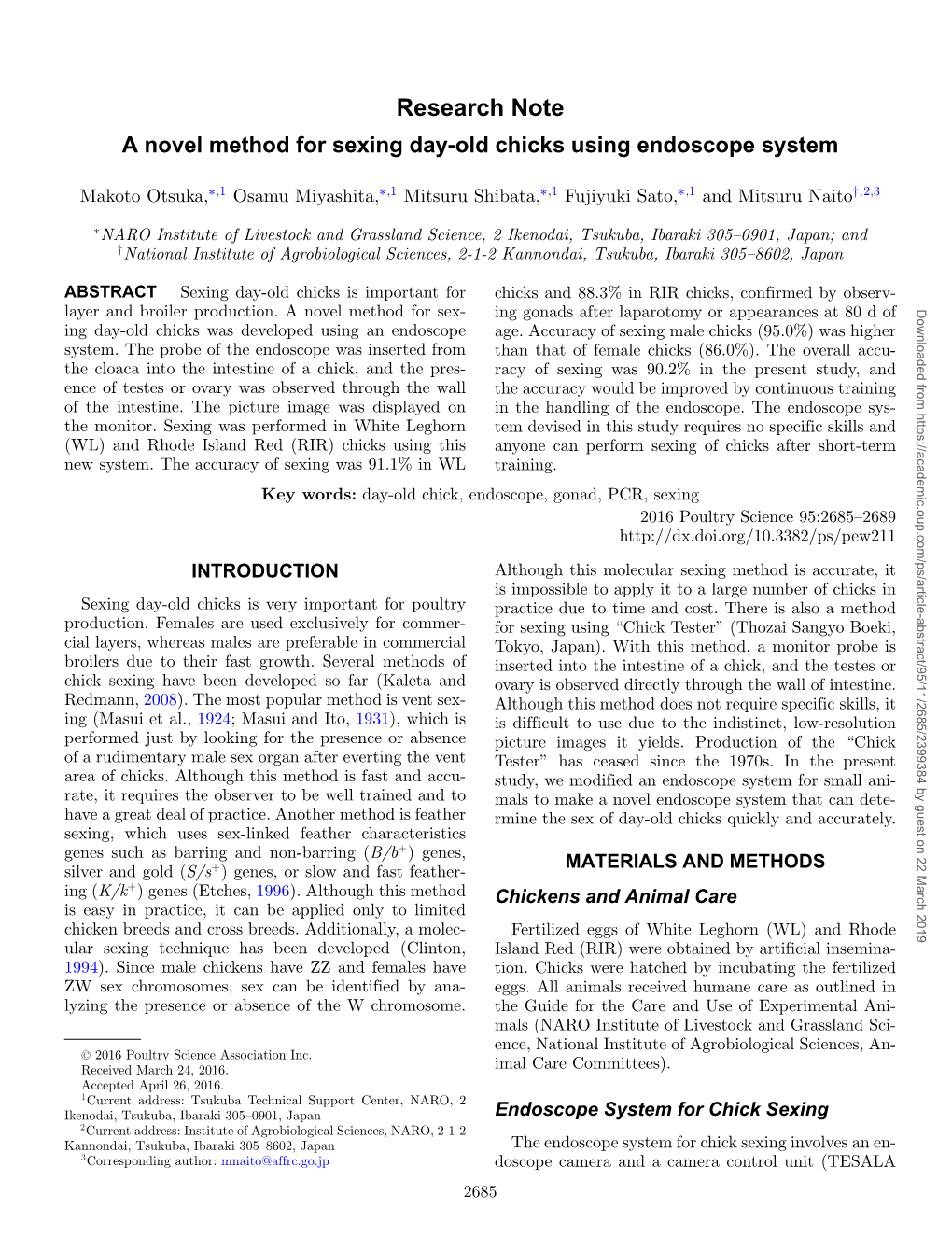 A Novel Method for Sexing Day-Old Chicks Using Endoscope System