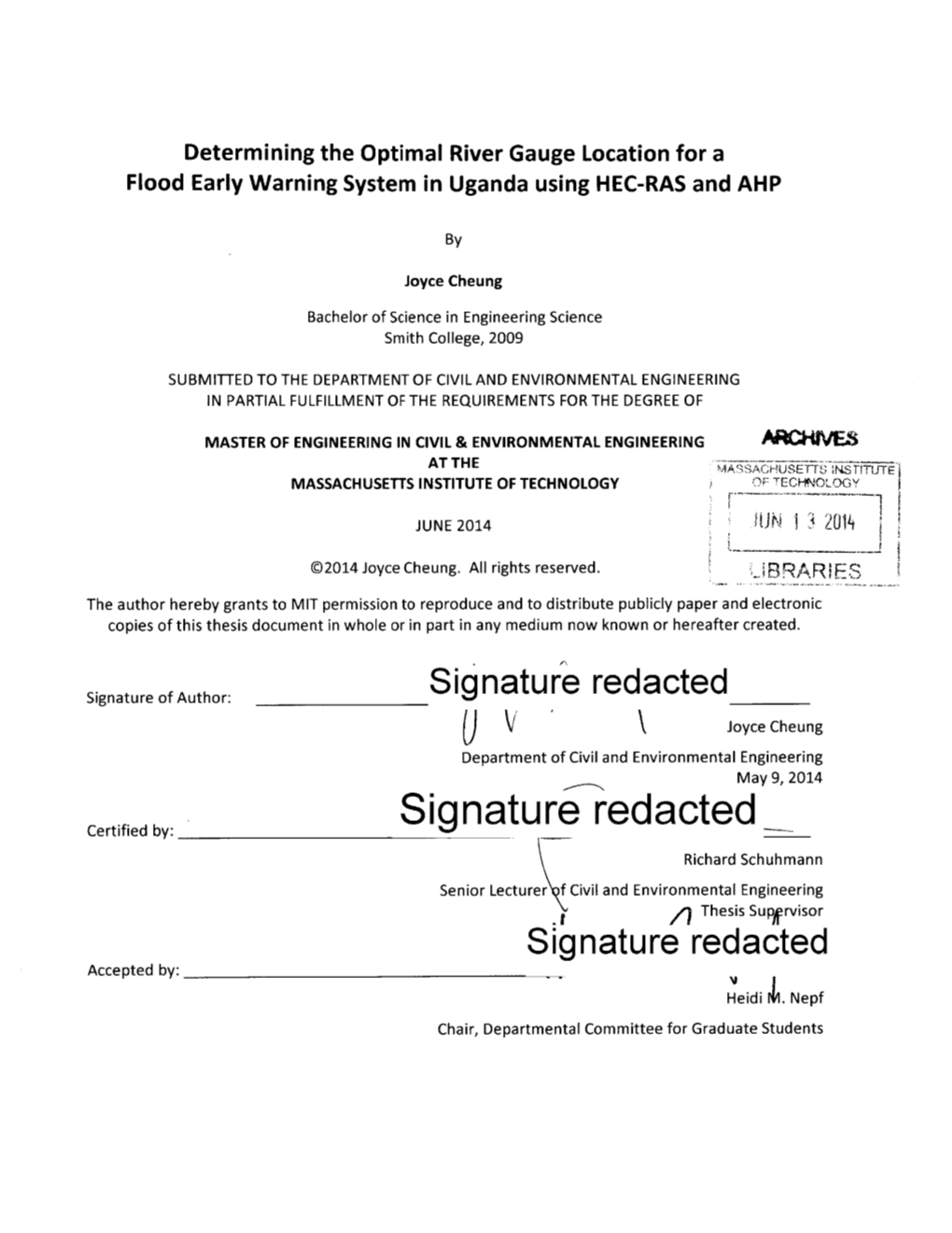 Signature Redacted U V K Joyce Cheung Department of Civil and Environmental Engineering May 9, 2014