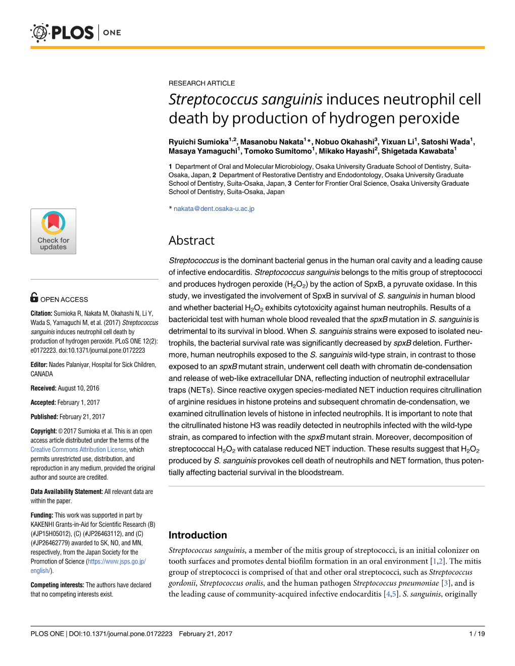 Streptococcus Sanguinis Induces Neutrophil Cell Death by Production of Hydrogen Peroxide
