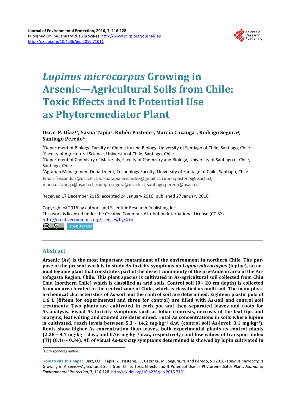 Lupinus Microcarpus Growing in Arsenic—Agricultural Soils from Chile: Toxic Effects and It Potential Use As Phytoremediator Plant