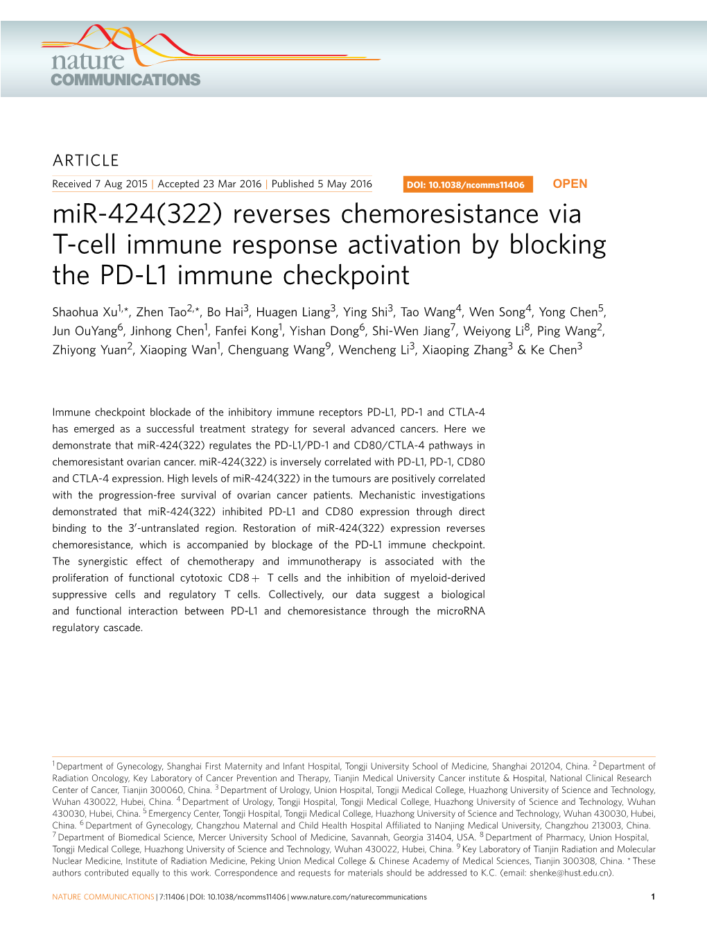 Mir-424(322) Reverses Chemoresistance Via T-Cell Immune Response Activation by Blocking the PD-L1 Immune Checkpoint