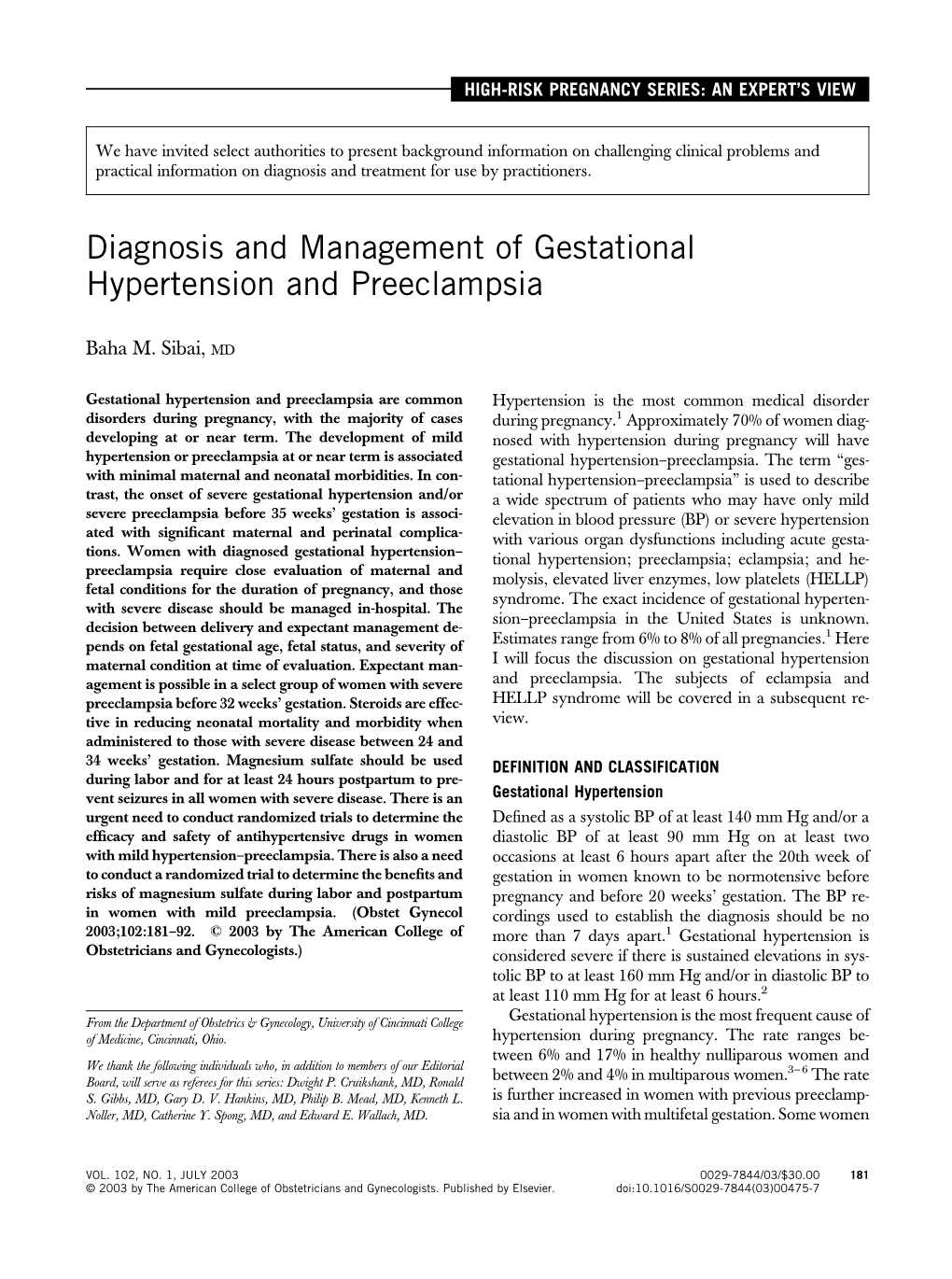 Diagnosis and Management of Gestational Hypertension and Preeclampsia