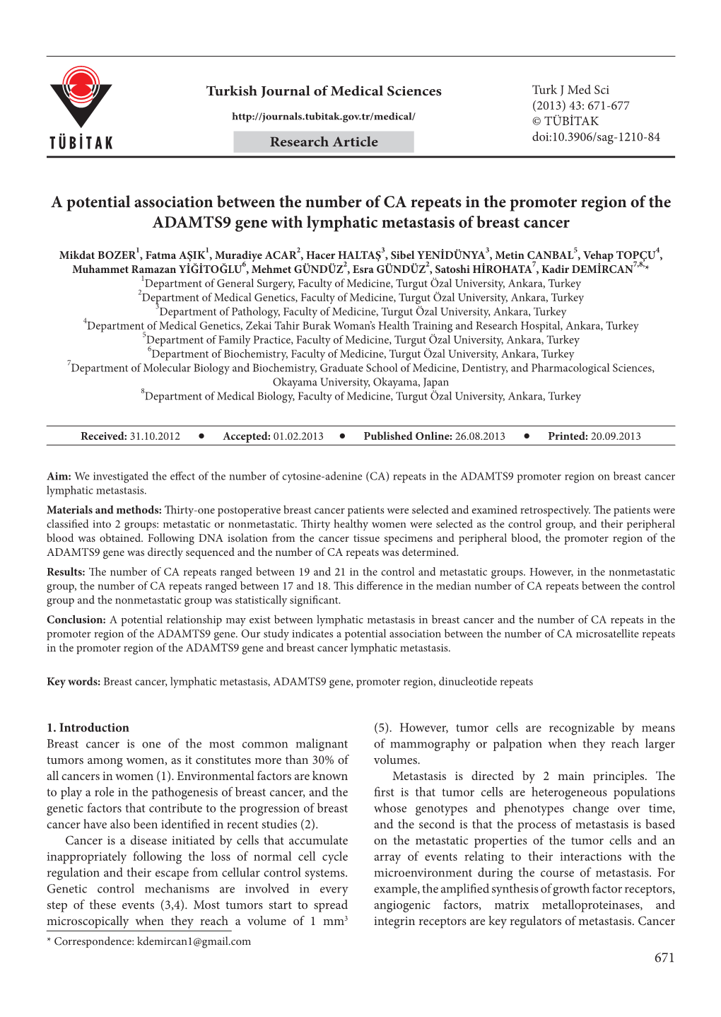 A Potential Association Between the Number of CA Repeats in the Promoter Region of the ADAMTS9 Gene with Lymphatic Metastasis of Breast Cancer