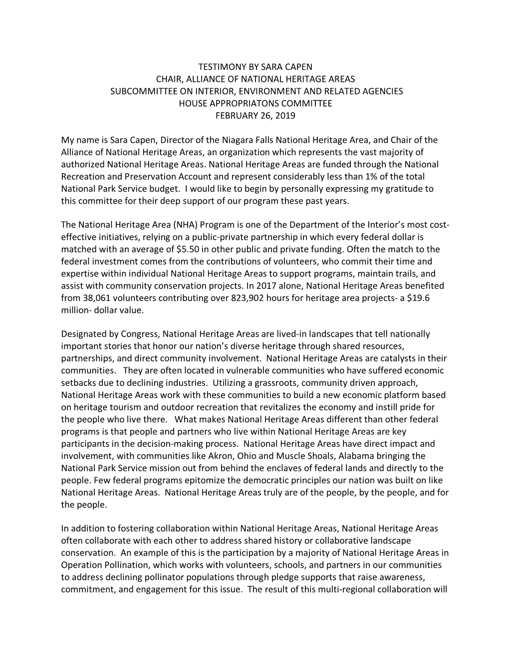 Testimony by Sara Capen Chair, Alliance of National Heritage Areas Subcommittee on Interior, Environment and Related Agencies Ho