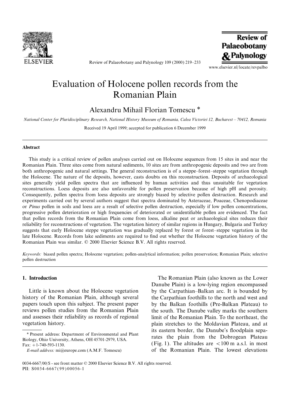 Evaluation of Holocene Pollen Records from the Romanian Plain