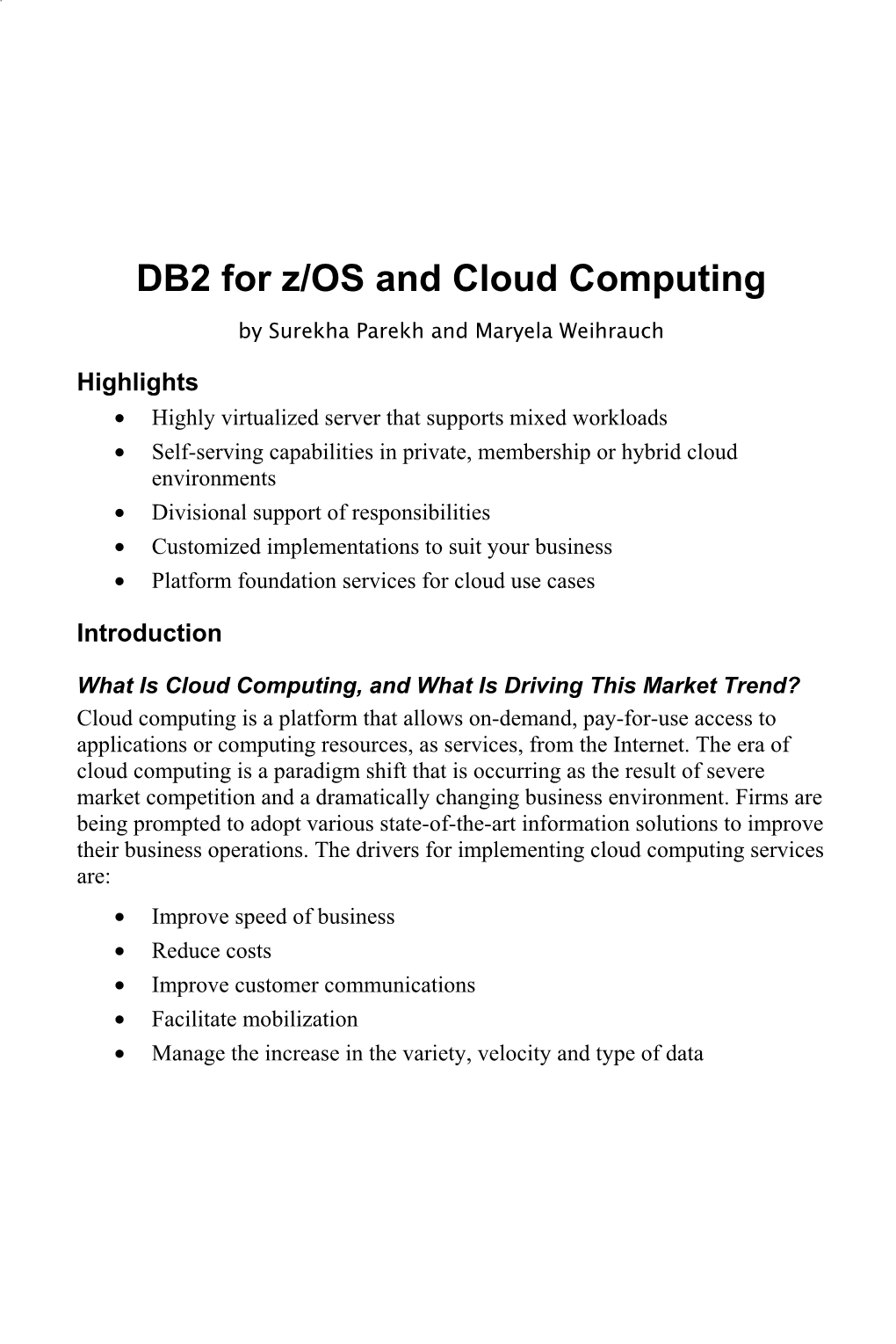 DB2 for Z/OS and Cloud Computing