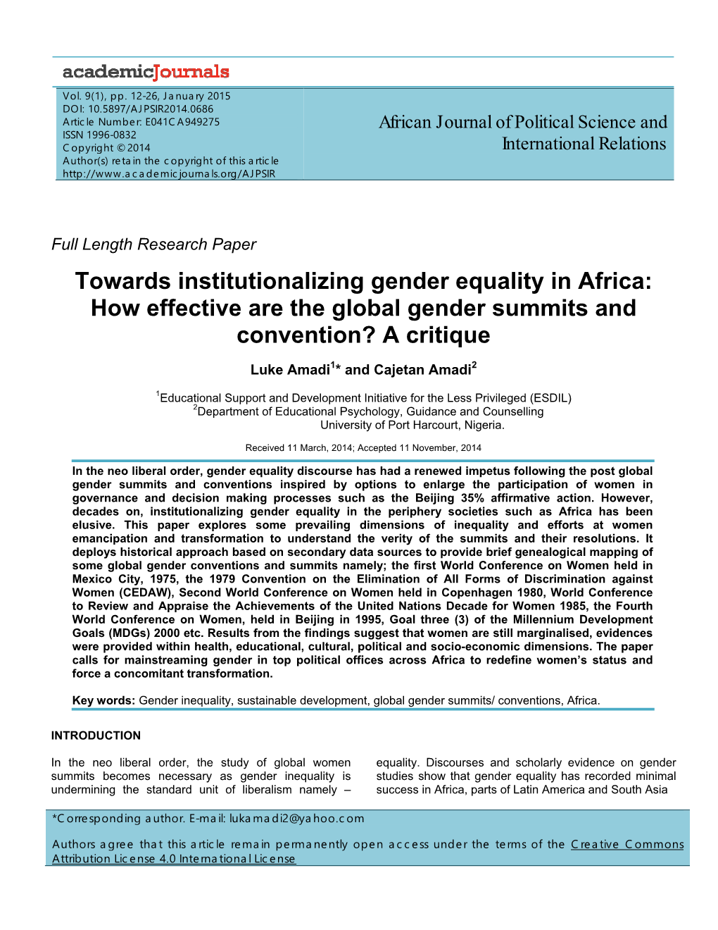 Towards Institutionalizing Gender Equality in Africa: How Effective Are the Global Gender Summits and Convention? a Critique