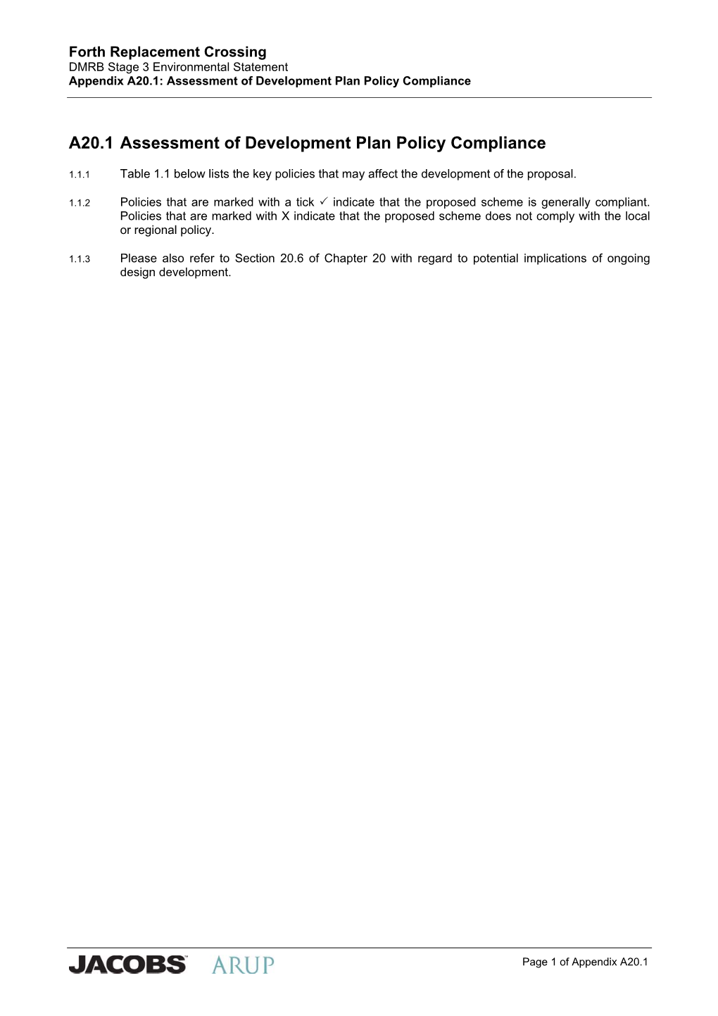 Appendix A20.1: Assessment of Development Plan Policy Compliance