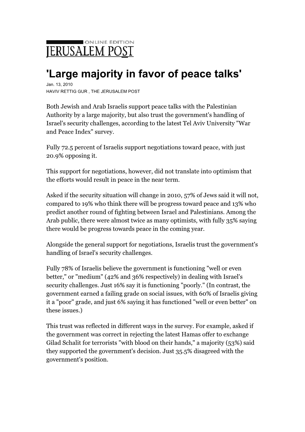 'Large Majority in Favor of Peace Talks' Jan