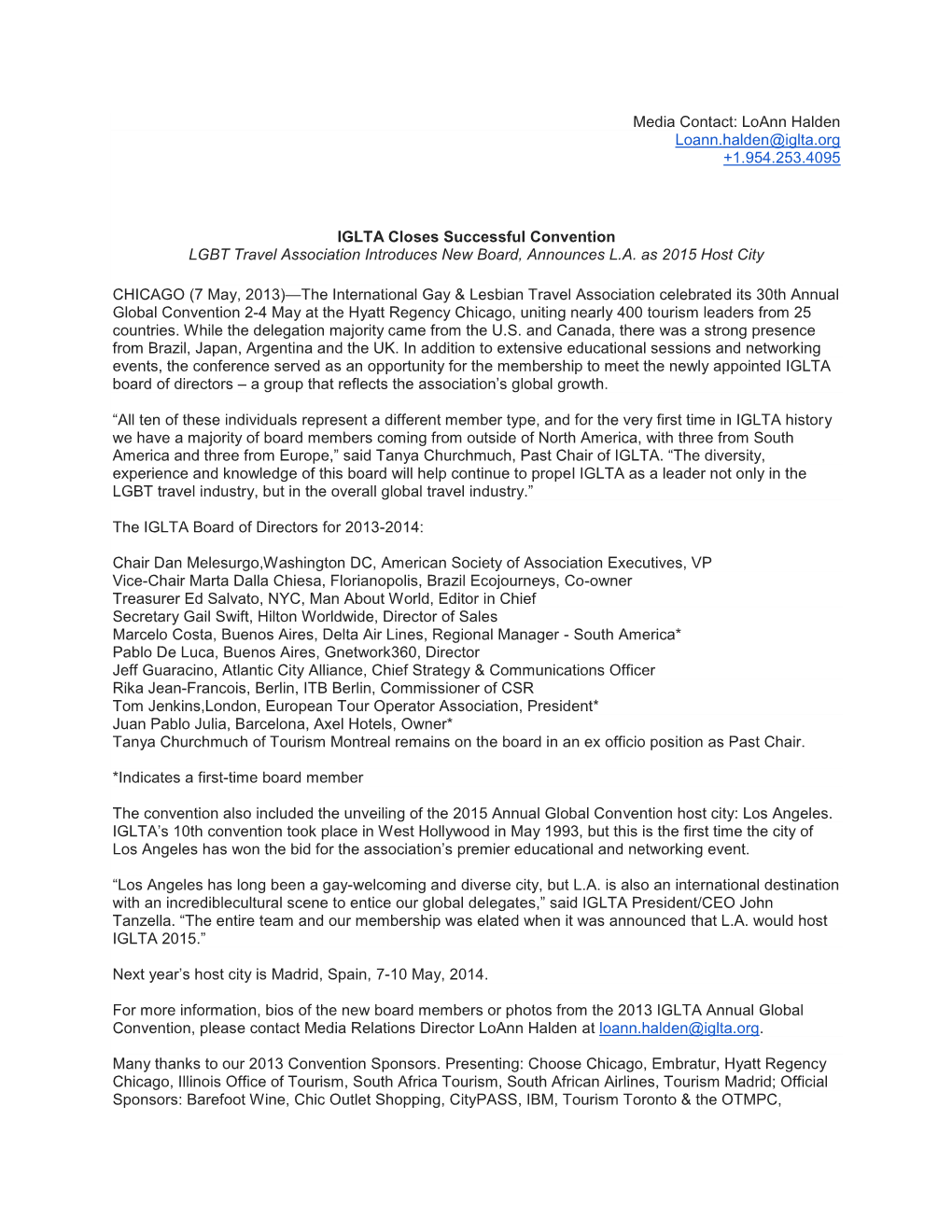IGLTA Closes Successful Convention LGBT Travel Association Introduces New Board, Announces L.A