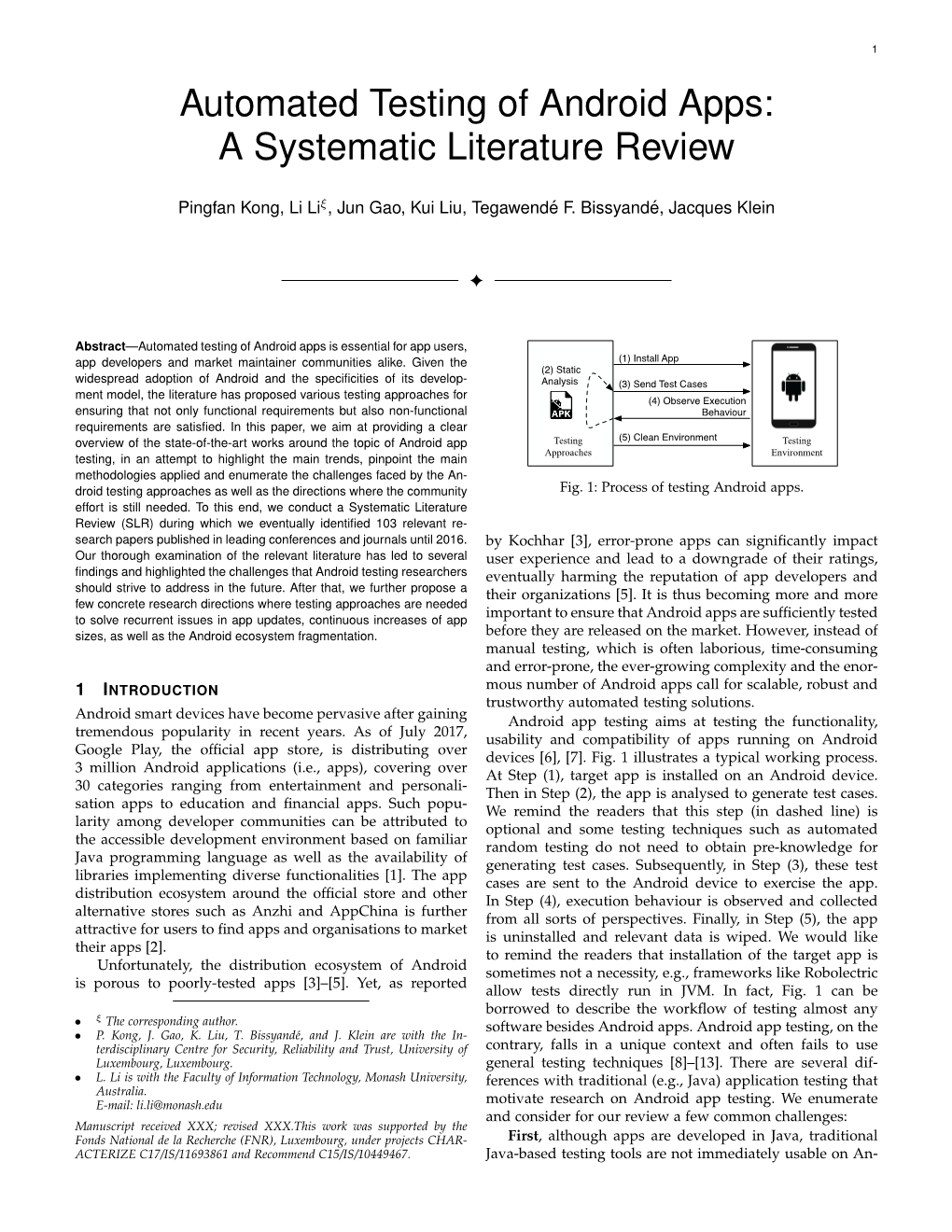 Automated Testing of Android Apps: a Systematic Literature Review
