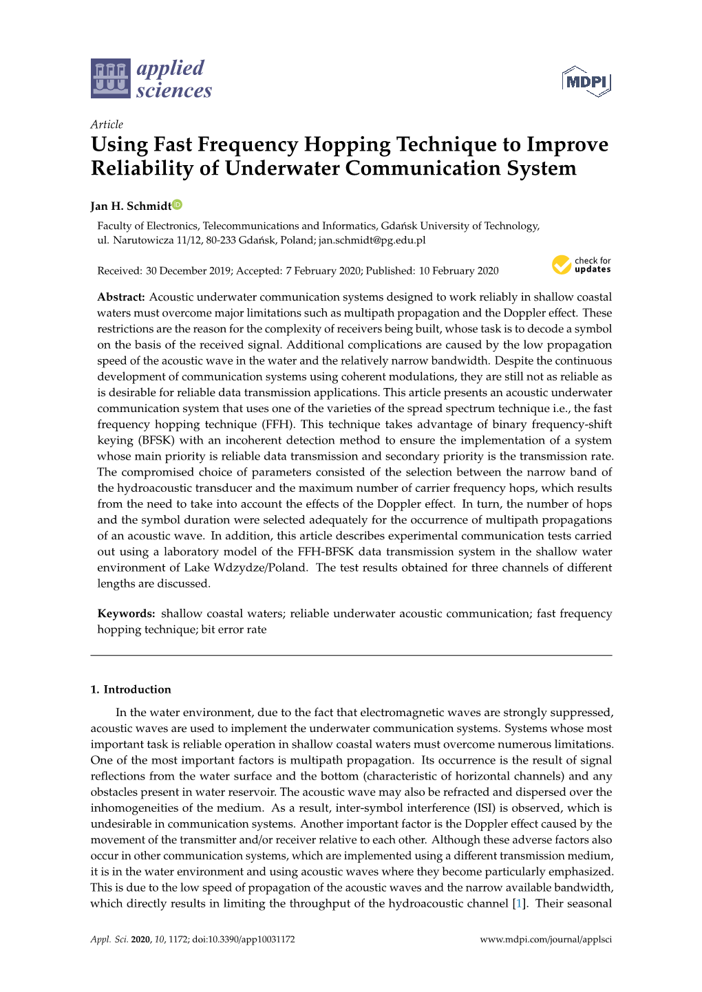 Using Fast Frequency Hopping Technique to Improve Reliability of Underwater Communication System