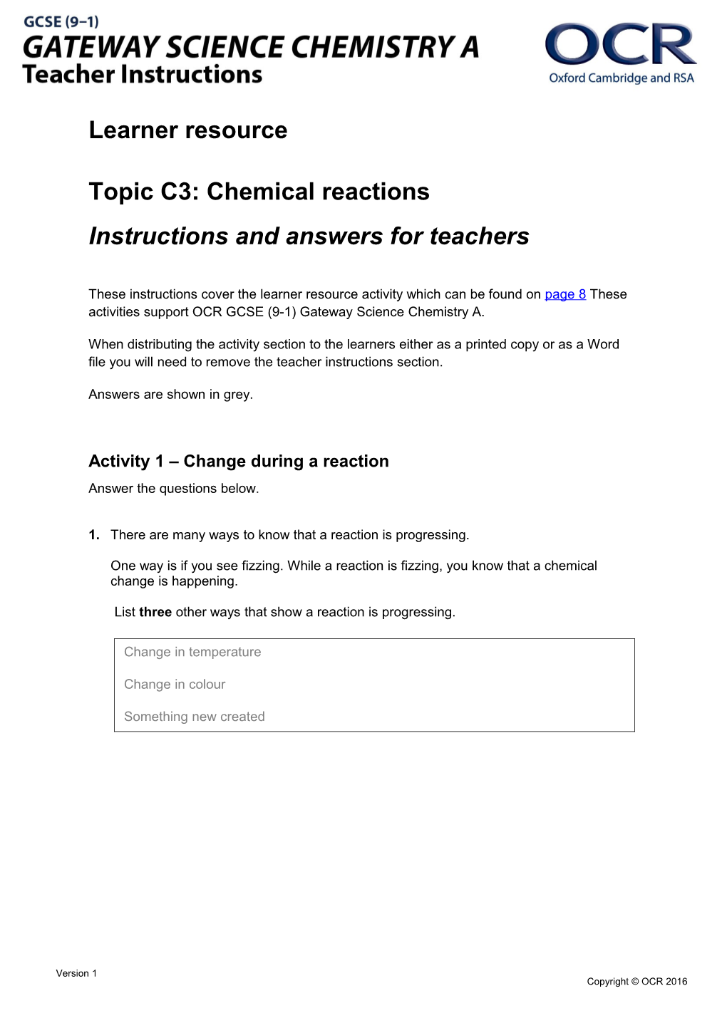 OCR GCSE (9-1) Gateway Science Chemistry a Learner Resource -Chemical Reactions