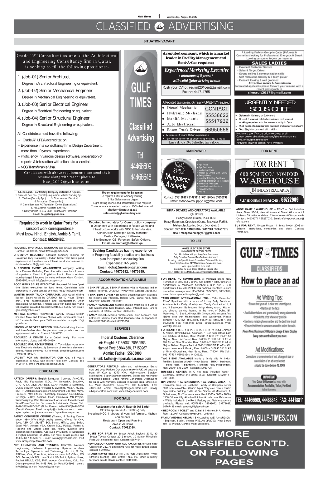 Gulf Times 1 Wednesday, August 16, 2017 CLASSIFIED ADVERTISING