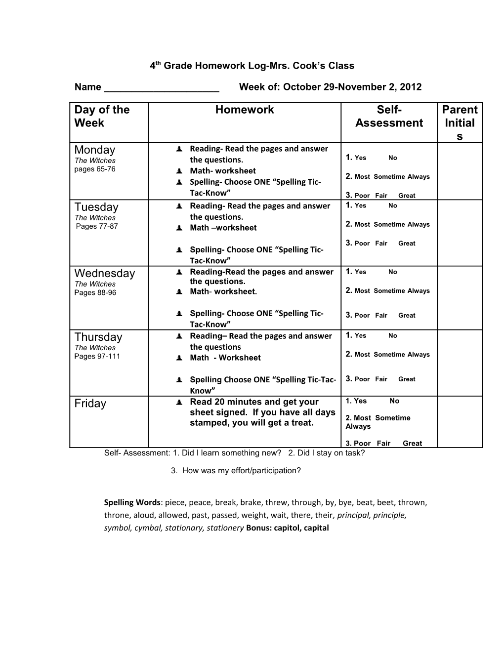 4Th Grade Homework Log s2