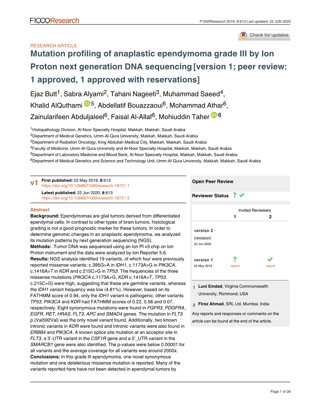 Mutation Profiling of Anaplastic Ependymoma Grade III by Ion Proton Next Generation DNA Sequencing[Version 1; Peer Review: 1