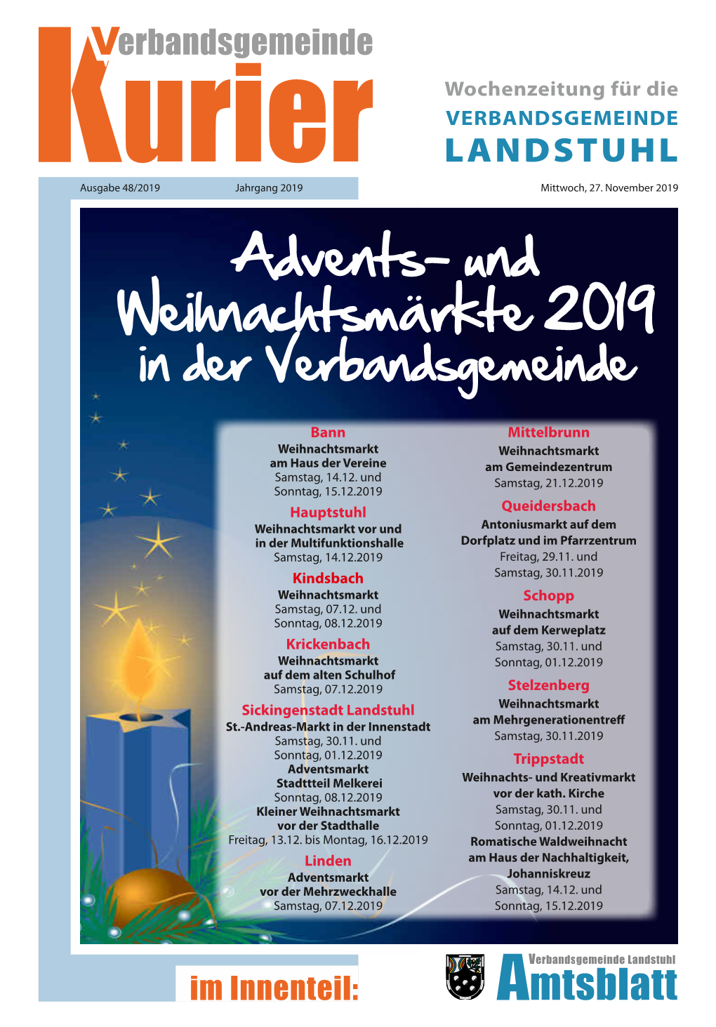Advents- Und Weihnachtsmärkte 2019 in Der Verbandsgemeinde