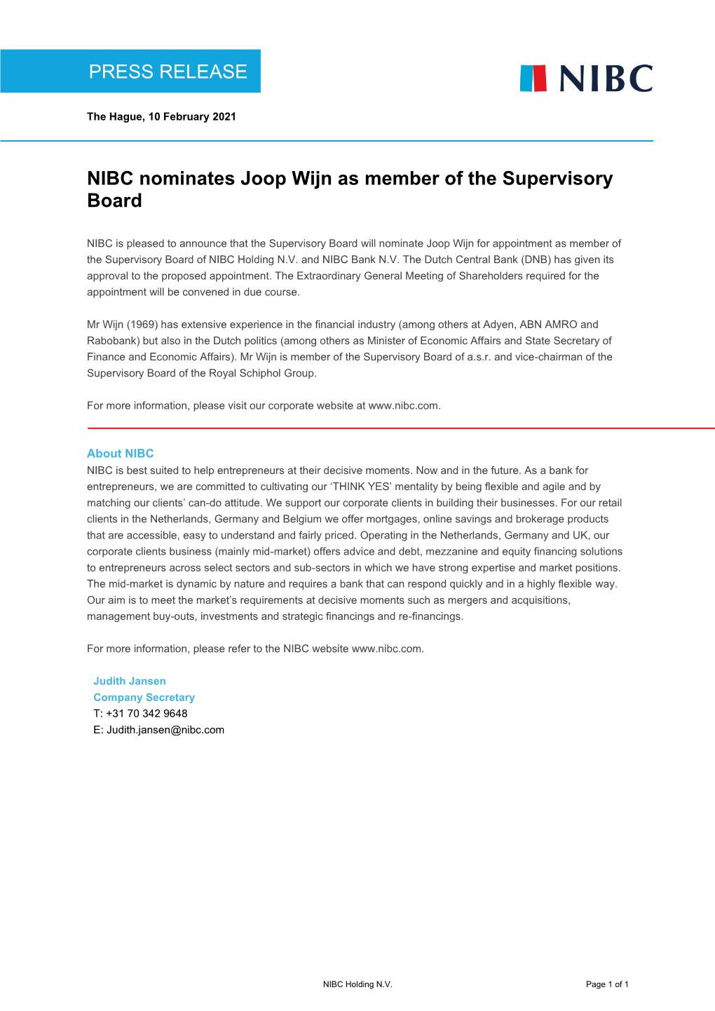 NIBC Nominates Joop Wijn As Member of the Supervisory Board