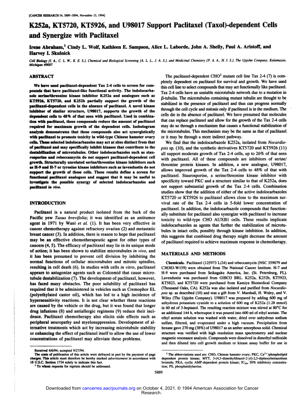 K252a, KT5720, KT5926, and U98017support Paditaxel (Taxol