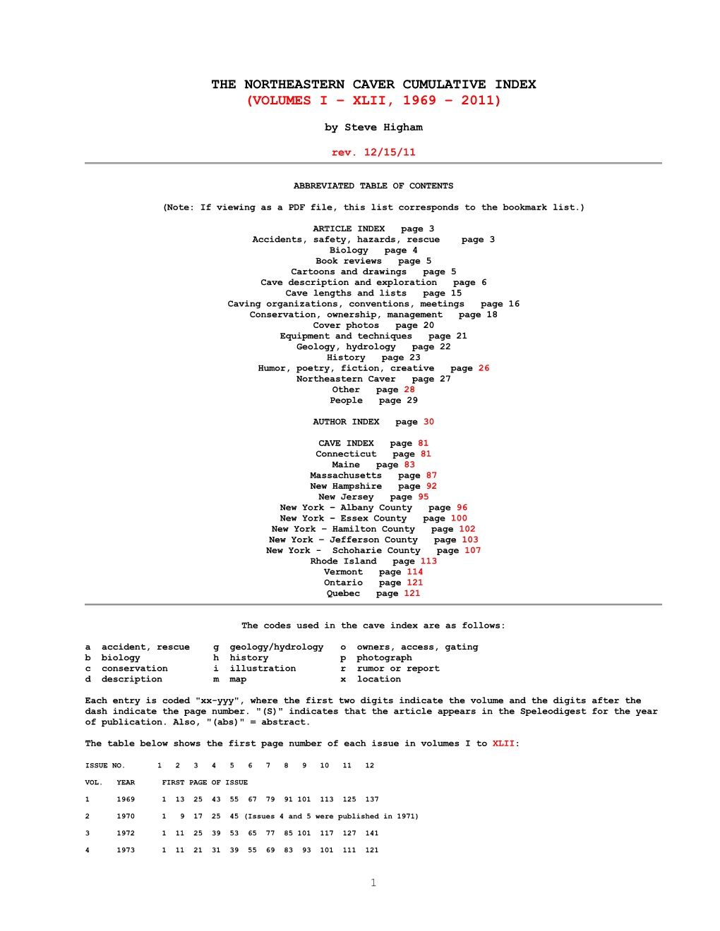 The Northeastern Caver Cumulative Index (Volumes I – Xlii, 1969 – 2011)