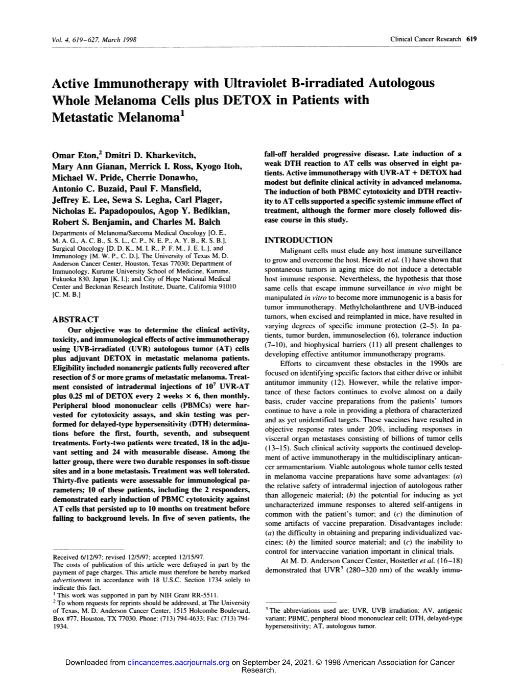 Active Immunotherapy with Ultraviolet B-Irradiated Autologous Whole Melanoma Cells Plus DETOX in Patients with Metastatic Melanoma1