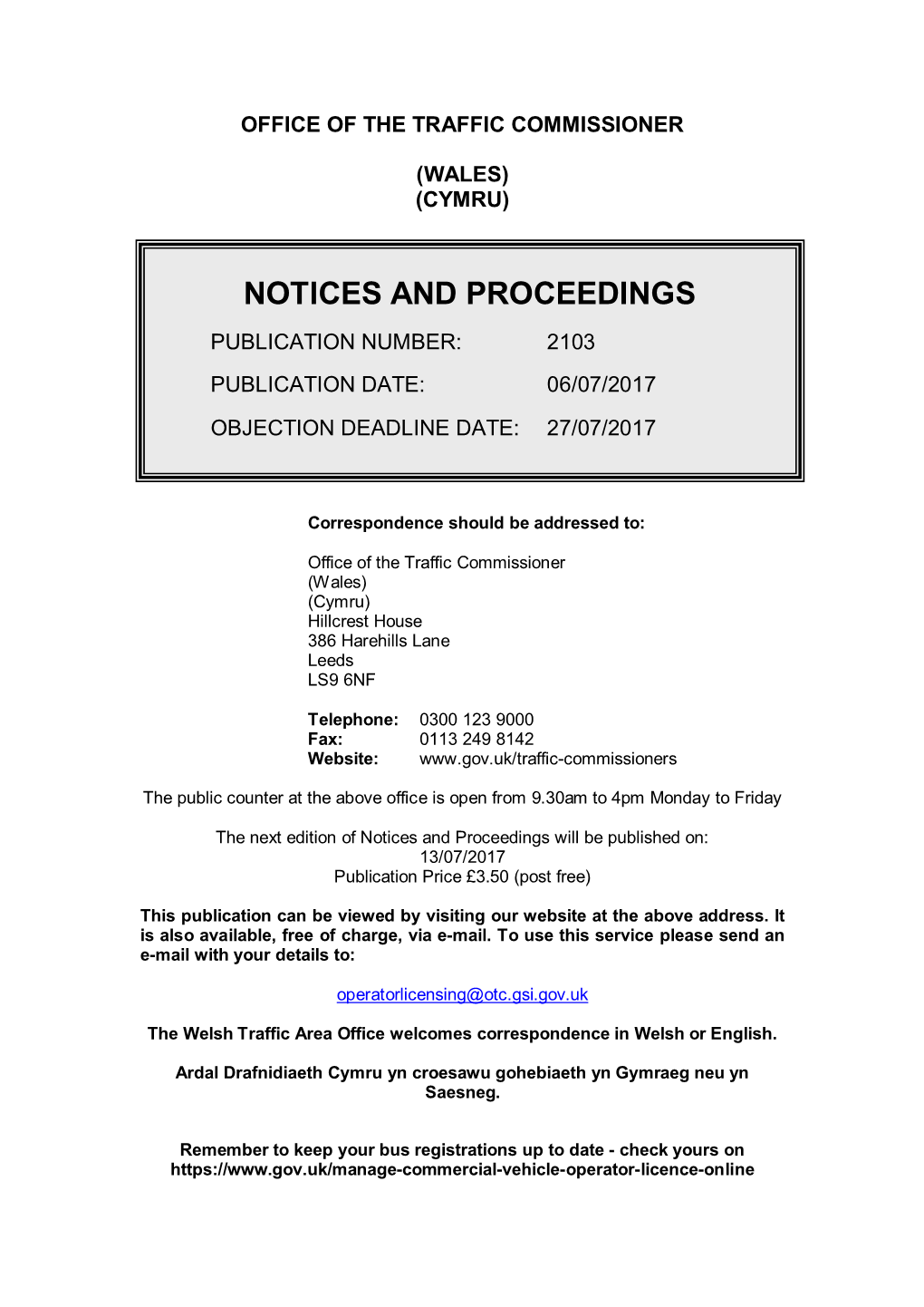 Notices and Proceedings 2103: Office of the Traffic Commissioner, Wales